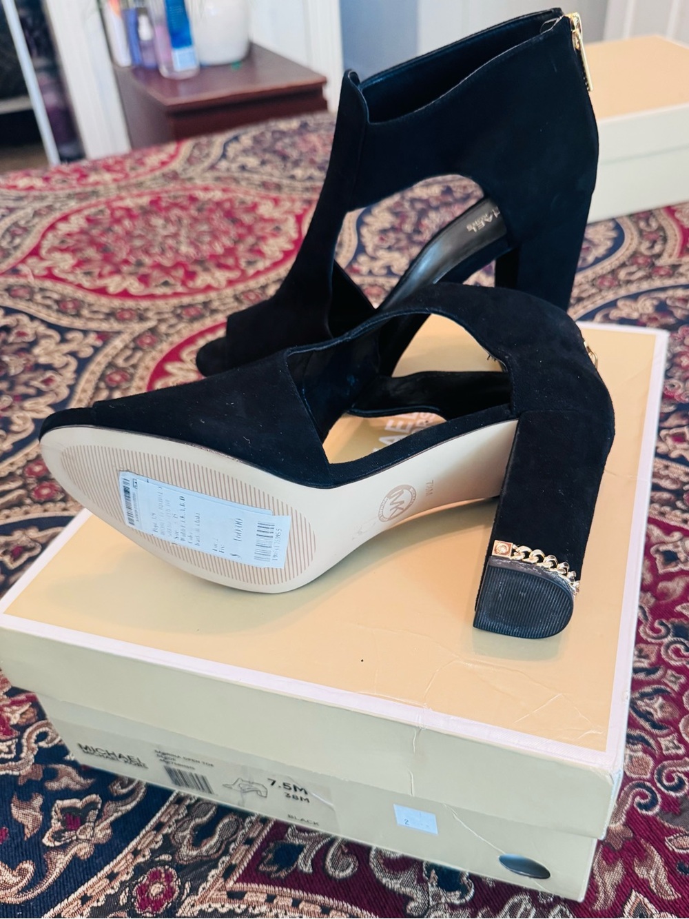 MICHAEL Michael Kors Black Suede Block Heel Sandals with Gold Chain Accent - Picture 8 of 8
